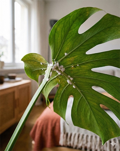 Feuille de Monstera attaquée par des cochenilles blanches, signe courant de nuisibles en intérieur.